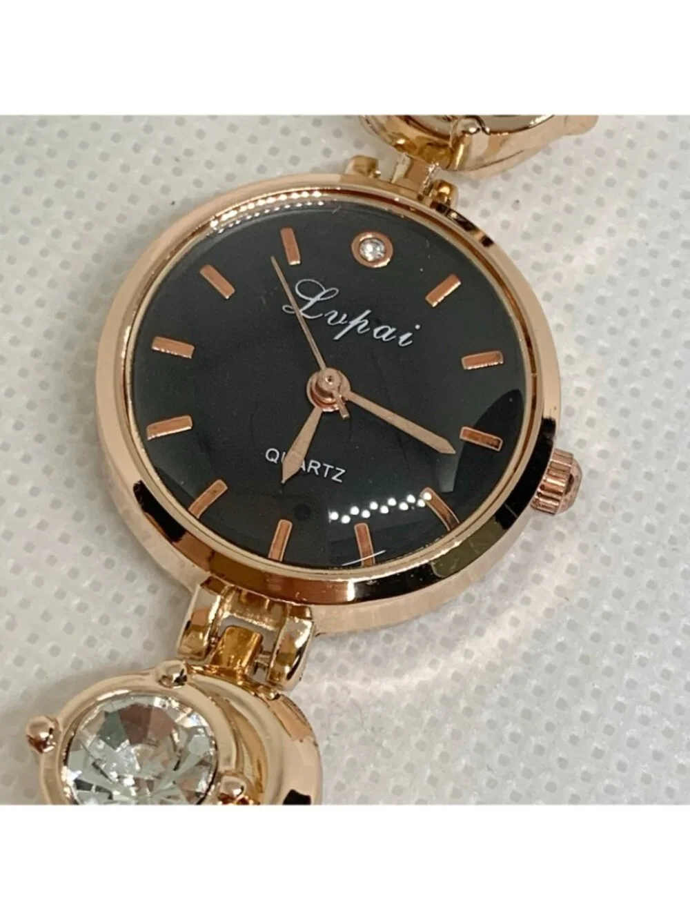 Lupai Women's Watch Gold Tone Black dial 25mm crystals quartz up to 8” running
